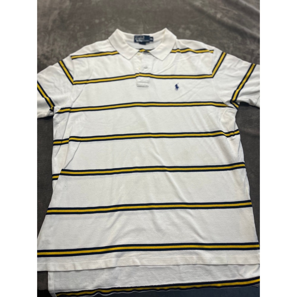 Polo Ralph Lauren Mens XL Striped Polo Shirt White Navy Yellow Short Sleeve Pony
